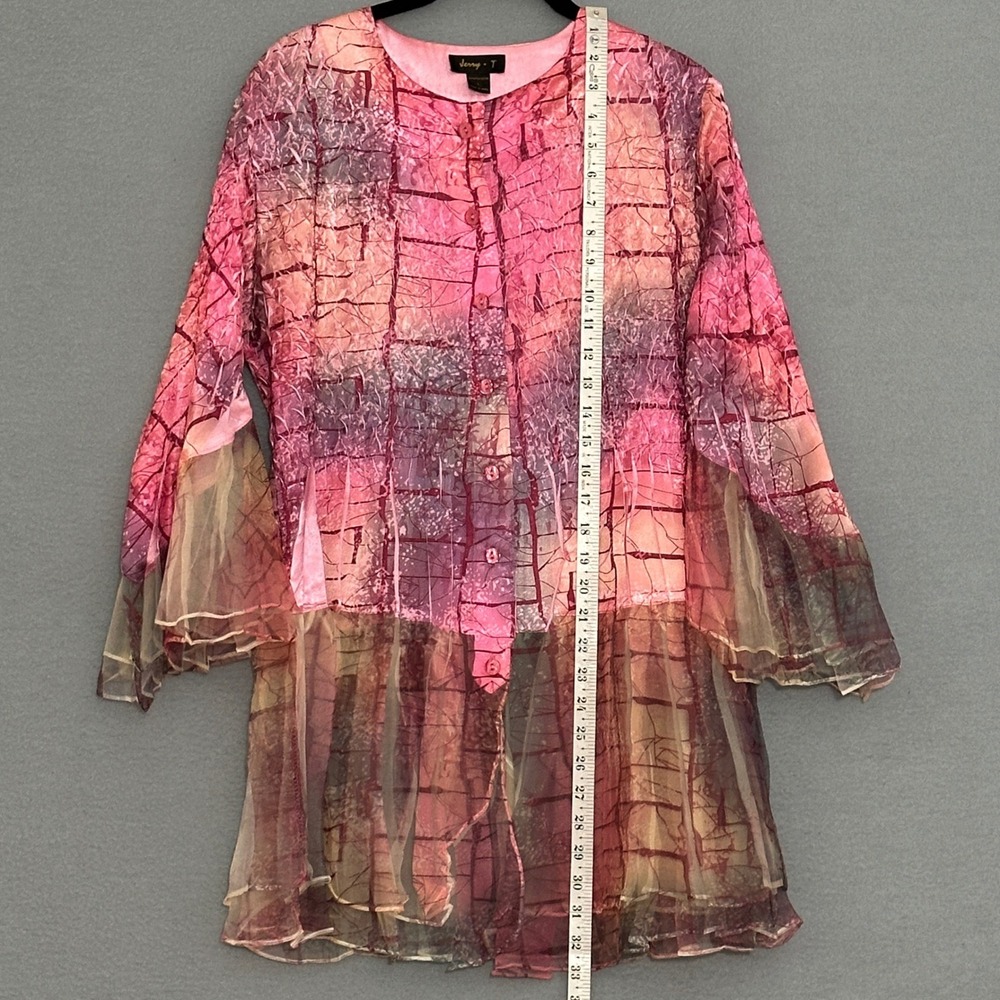 Jerry T Womens Top L Pink Colorful Crinkle Abstract Smocked Tunic Boho‎ Artsy - Picture 8 of 11